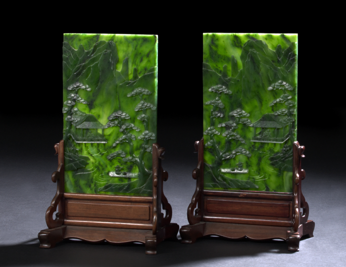 Appraisal: Pair of Chinese Carved Spinach Jade Scholar's Table Plaques-on-Stands th