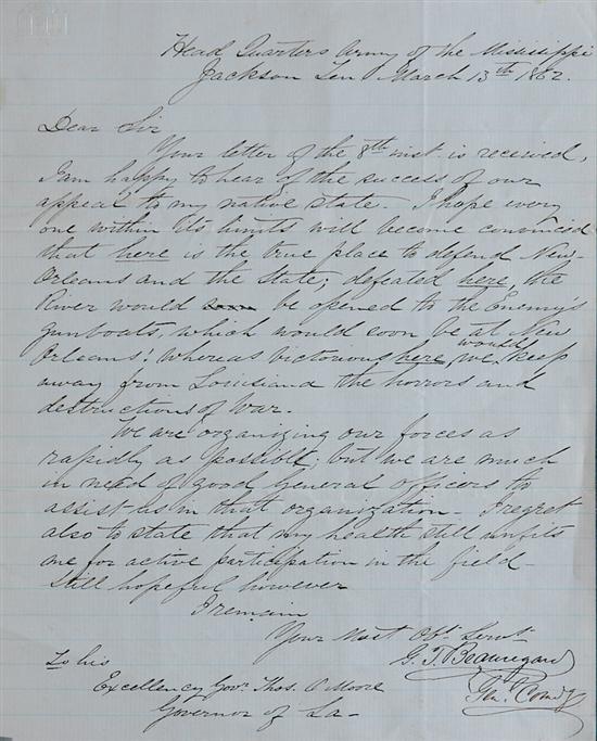 Appraisal: Civil War autographed letters by Beauregard and Lee dated March