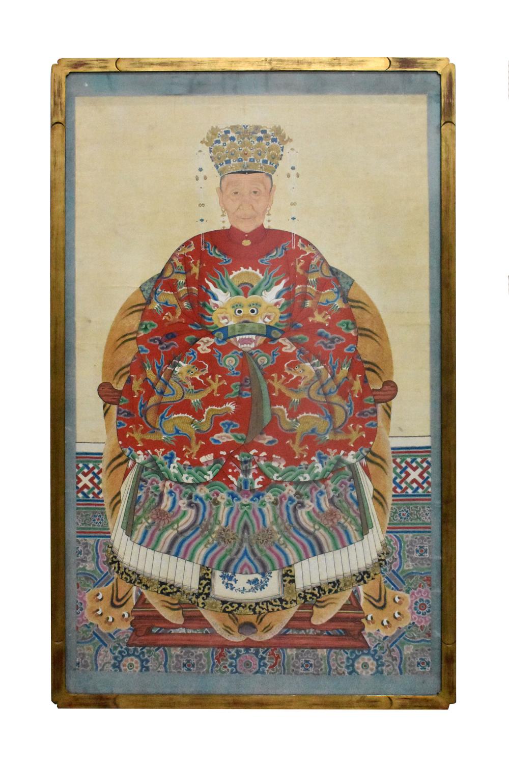 Appraisal: Qing Dynasty The elderly Empress seated on a tiger skin