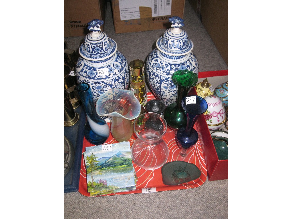 Appraisal: Tray lot of glass vases blue and white urns hand