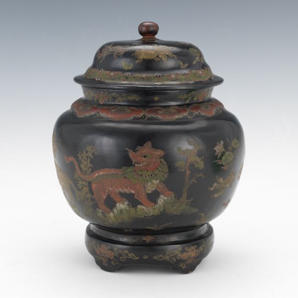 Appraisal: JAPANESE LACQUER JAR x Black lacquered lidded jar polychromed with