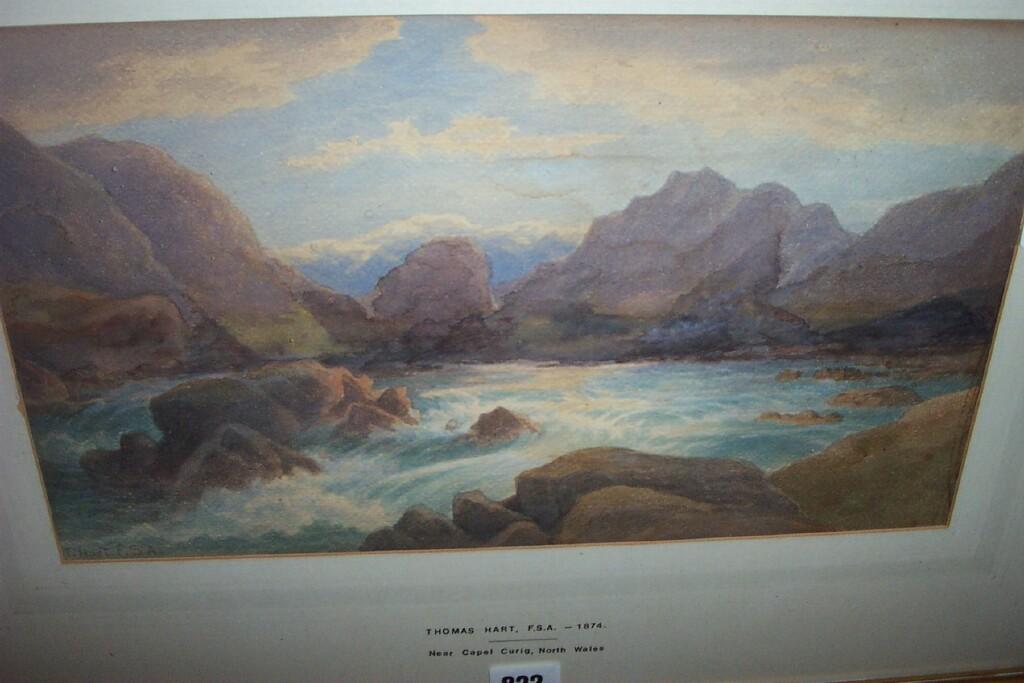 Appraisal: A th century watercolour of a mountainous landscape with waterfall