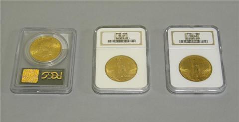 Appraisal: THREE U S TWENTY DOLLAR GOLD COINS Including Liberty Head