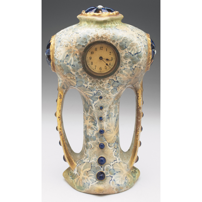 Appraisal: Amphora clock double handledshape with painted gray and blue leavesand