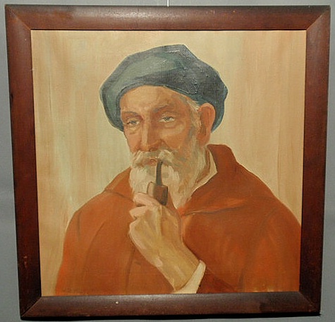 Appraisal: Oil on canvas portrait of a man smoking a pipe