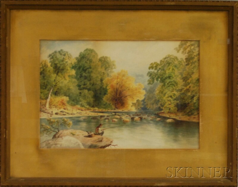 Appraisal: Granville Perkins American - River Scene with a Fisherman Signed