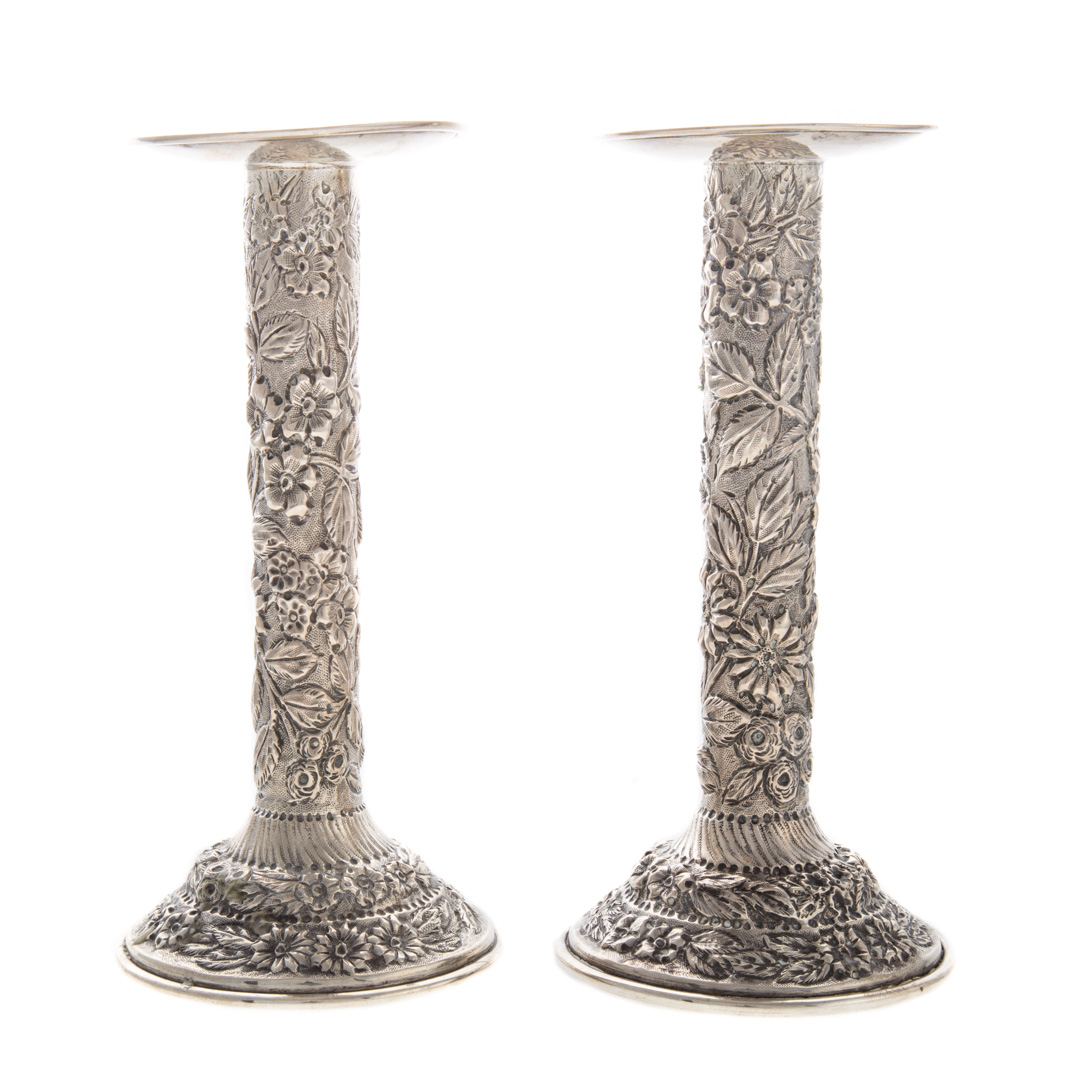 Appraisal: Pair Baltimore Silversmiths sterling candlesticks circa allover floral repousse decoration