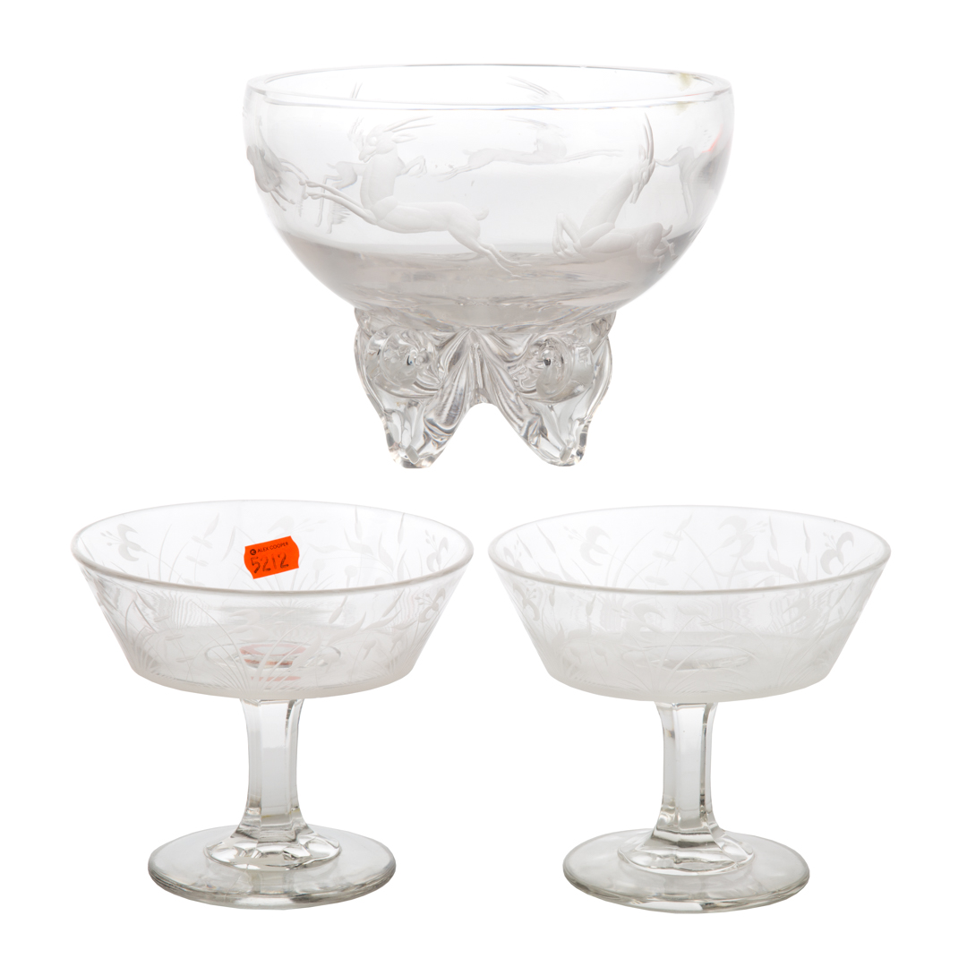 Appraisal: Pair of etched glass compotes and a bowl Condition bowl