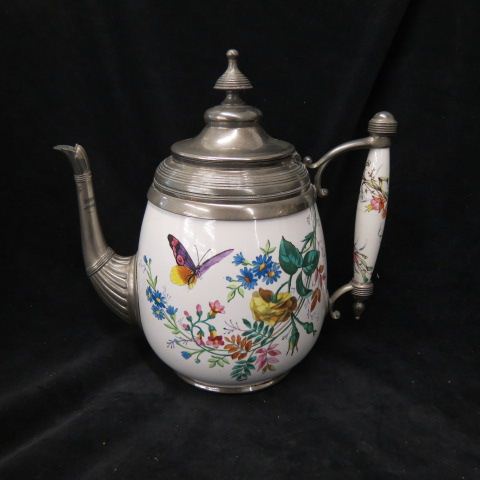 Appraisal: Victorian Enameled Graniteware Teapot butterfly floral excellent