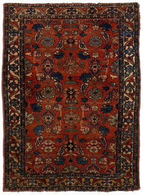 Appraisal: Hamadan rug repeating floral designs on tomato red field ft