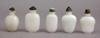 Appraisal: MUTTON FAT JADE FOOTED SNUFF BOTTLE AND FOUR PEKING OPAQUE