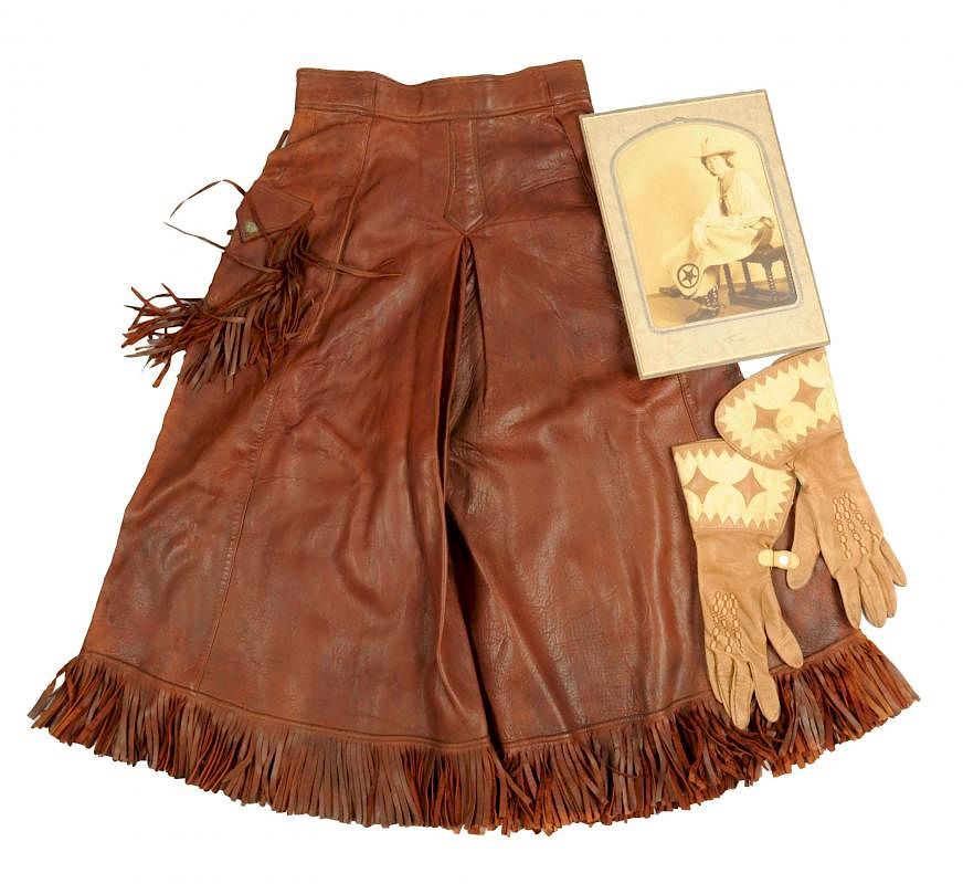 Appraisal: Original Cowgirl Outfit Photo Leather riding skirt and gloves Circa