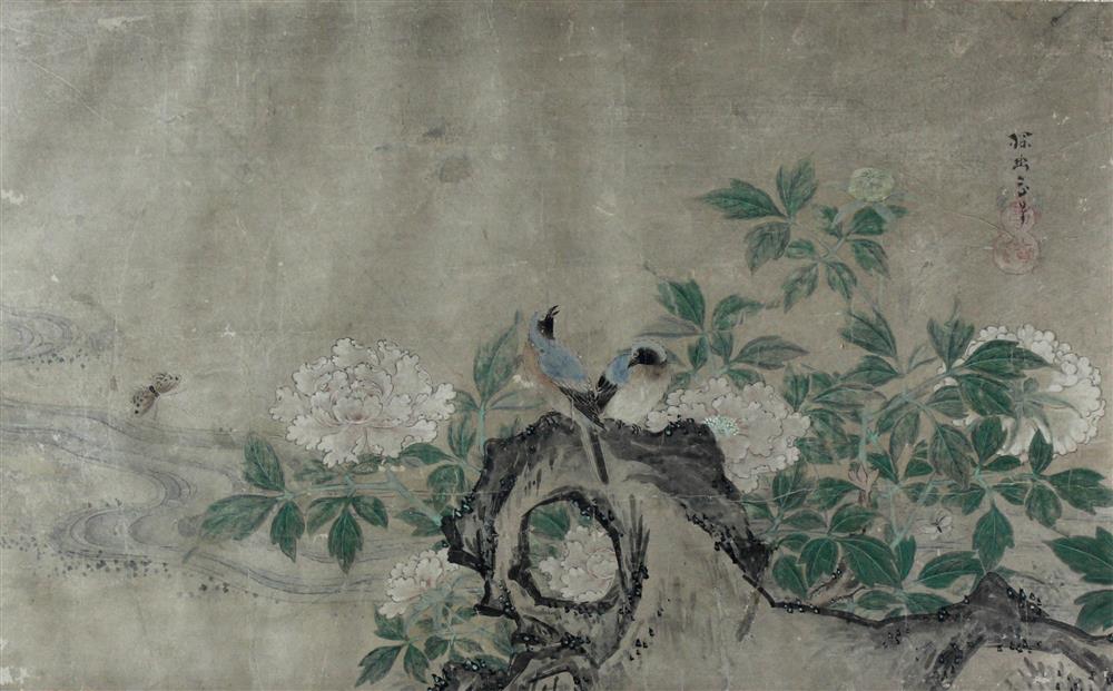 Appraisal: KANO TANYU JAPANESE KAKEMONO PAINTING Blue Birds on Flowering Peony