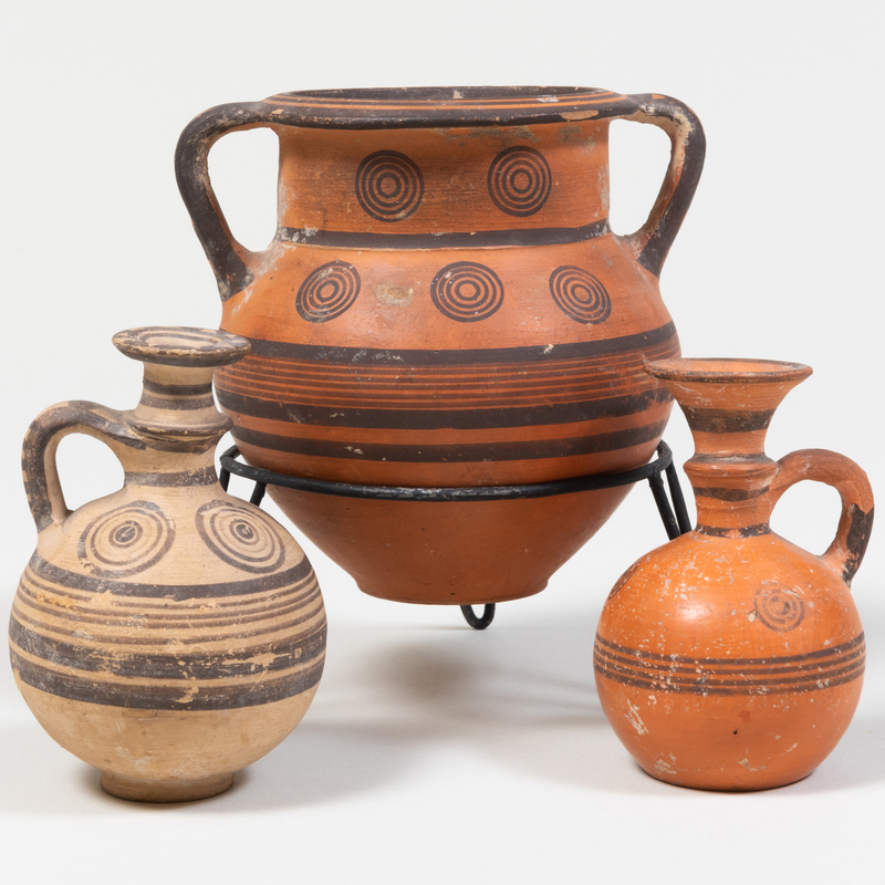 Appraisal: GROUP OF THREE CYPRIOT PAINTED POTTERY VESSELS x in diam