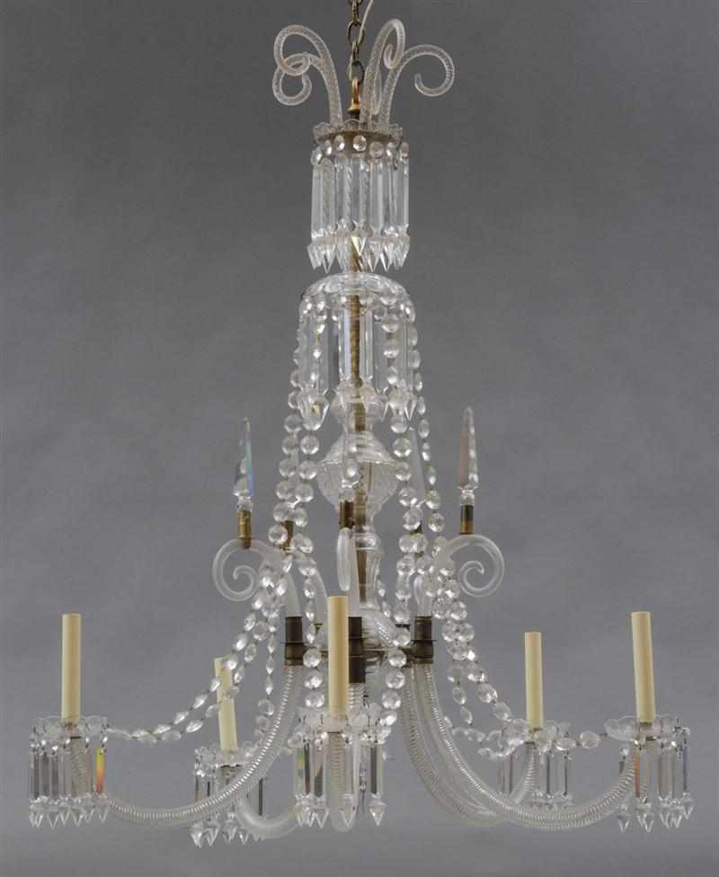 Appraisal: GEORGE III STYLE CUT-GLASS FIVE-LIGHT CHANDELIER The segmented stem with