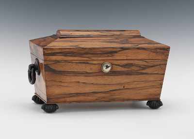 Appraisal: A Regency Tea Caddy Beautiful sarcophagus form rosewood hinged lid