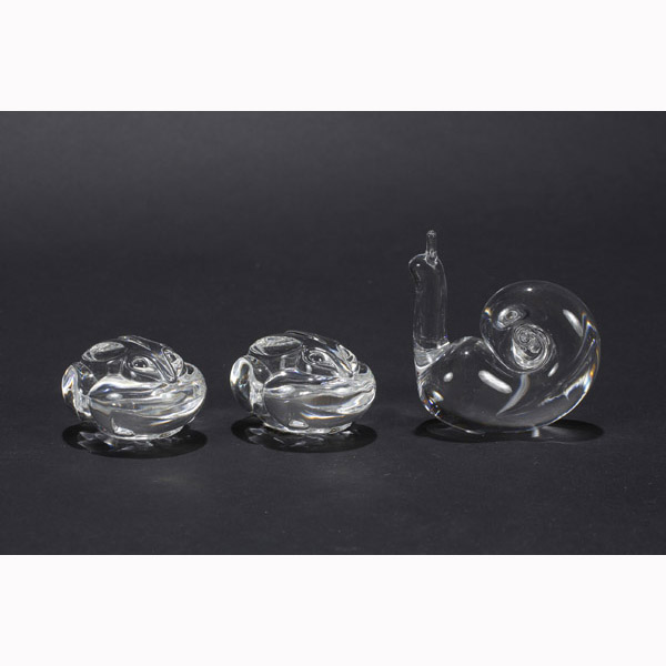 Appraisal: Pair of Steuben Art Glass Rabbits and a Snail Signed