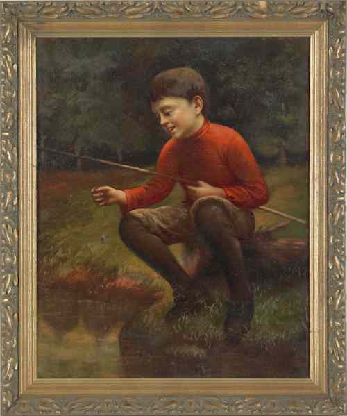 Appraisal: Oil on canvas of a young boy fishing ca x