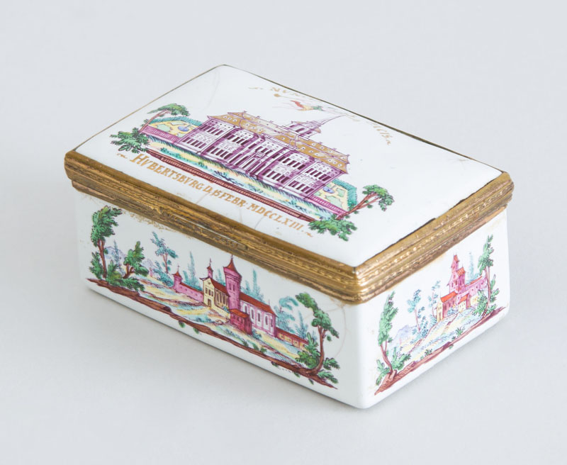 Appraisal: GERMAN GILT-METAL-MOUNTED ENAMEL SNUFF BOX The hinged lid inscribed Hubertsburg