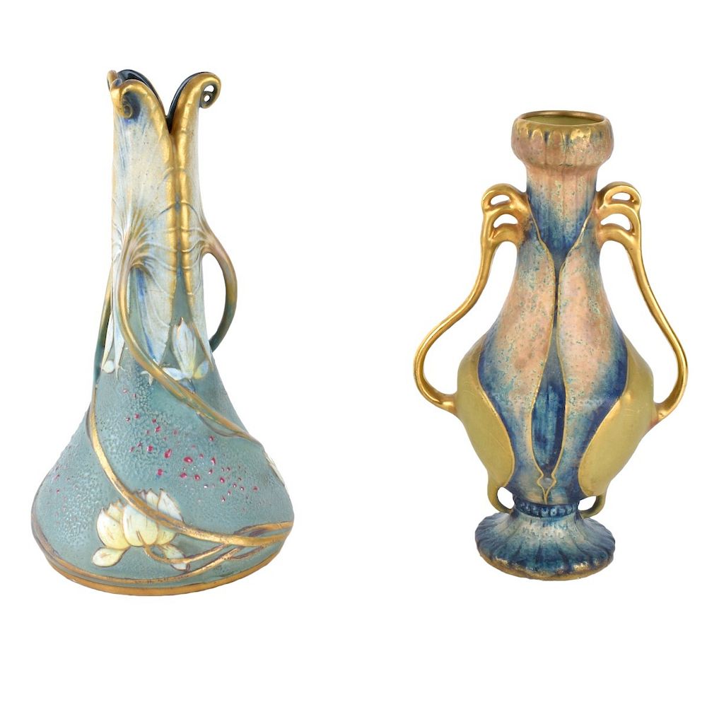 Appraisal: Two Amphora Vases Two Art Nouveau Amphora Pottery Vases Hand