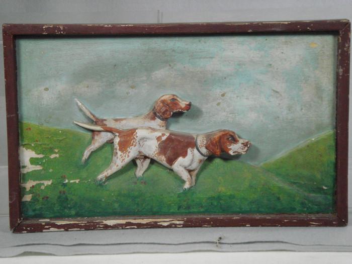 Appraisal: Relief carved painted wood panel hunting dogs framed Estimate -