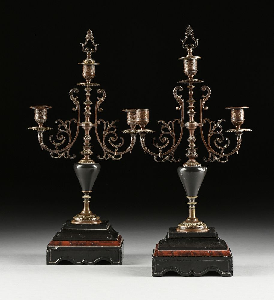 Appraisal: A PAIR OF BELLE EPOQUE BRONZE AND MARBLE THREE LIGHT