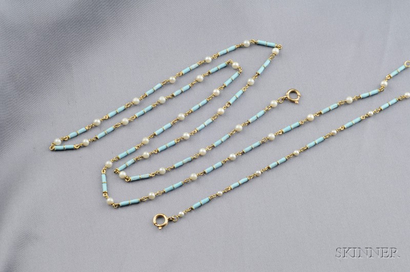 Appraisal: kt Gold Enamel and Cultured Pearl Chain and Bracelet designed