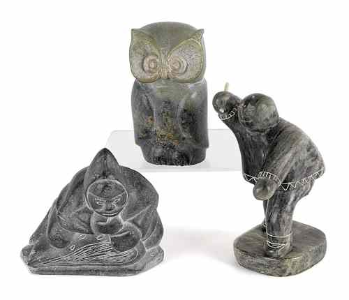 Appraisal: Three Inuit soapstone carvings one signed Eli Koom tallest -