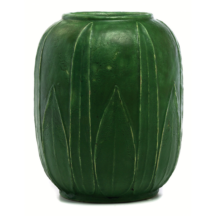 Appraisal: Nice Grueby vase large broad form with numerous carved and