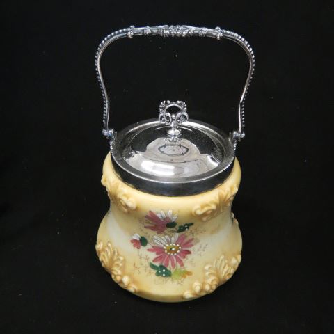 Appraisal: Wavecrest Art Glass Biscuit Jar floral silverplate trim unsigned excellent