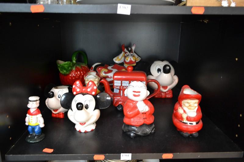 Appraisal: ONE SHELF OF DECORATIVE NOVELTY ITEMS INCL MINNIE MOUSE TEA