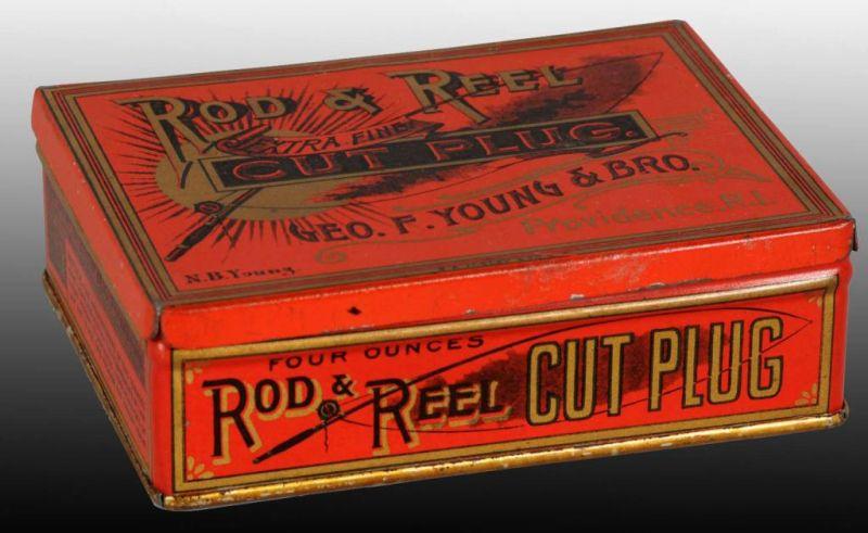 Appraisal: Rod Reel Square Corner Pocket Tobacco Tin Description Manufactured by