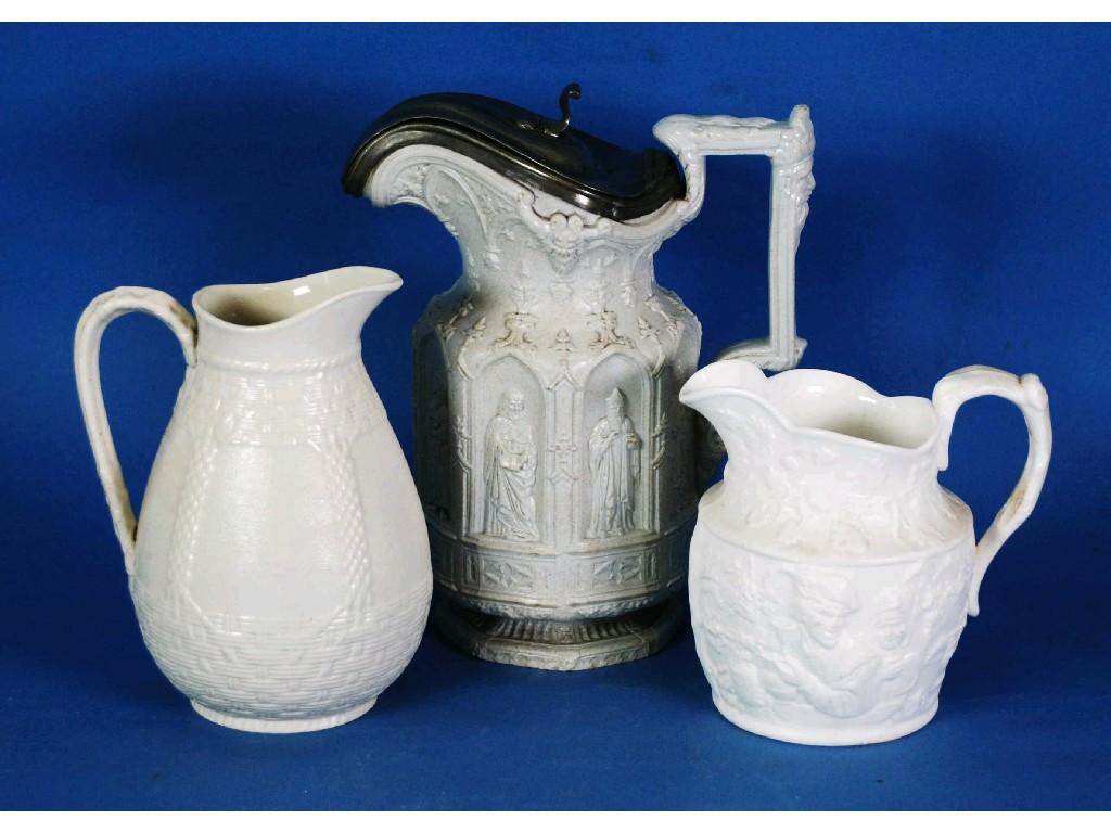 Appraisal: NINETEENTH CENTURY CHARLES MORLEY EMBOSSED WHITE POTTERY JUG with hinged