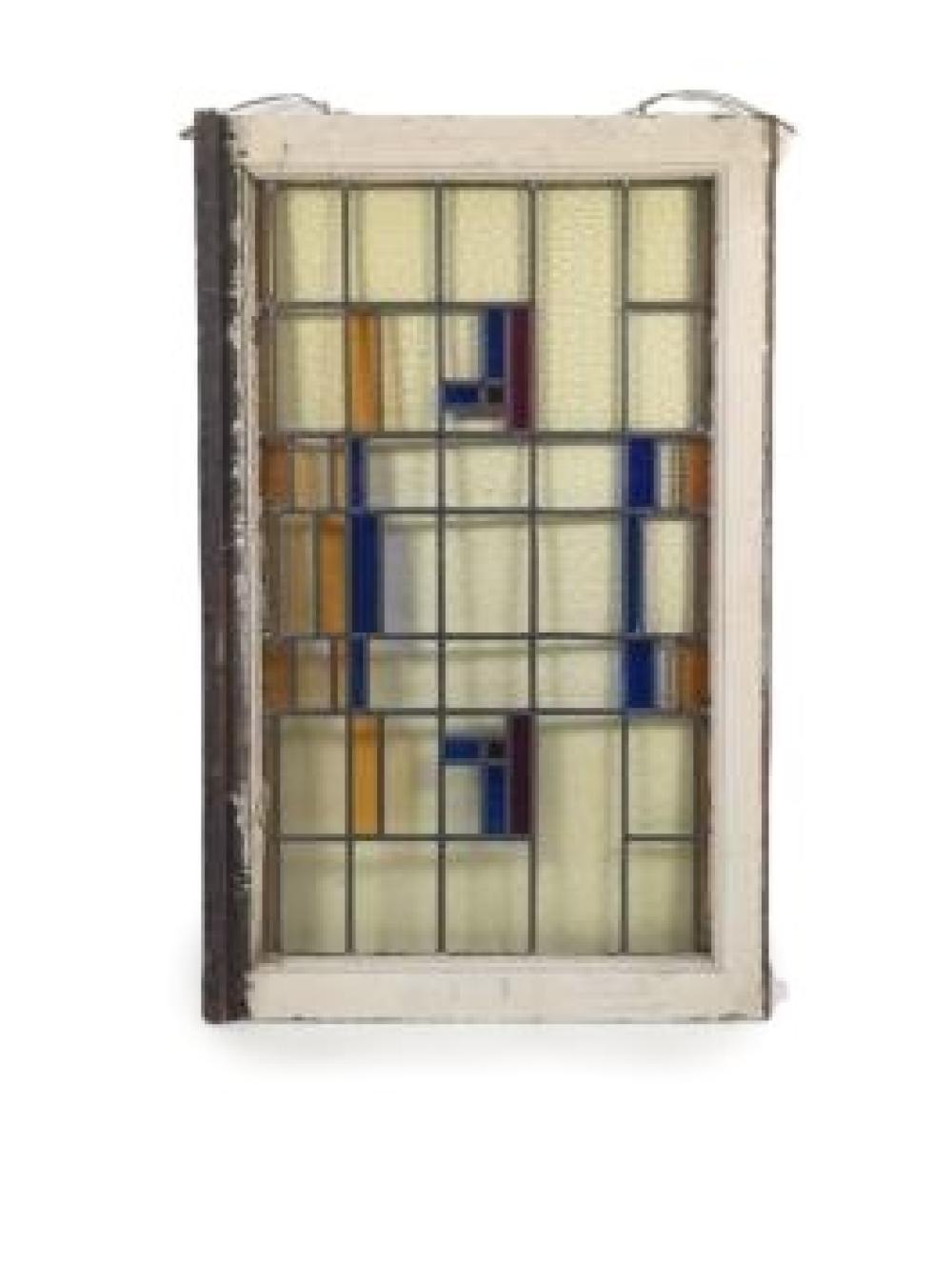 Appraisal: LEADED STAINED GLASS S BUNGALOW WINDOW WITH GEOMETRICAL RECTANGLE SQUARE