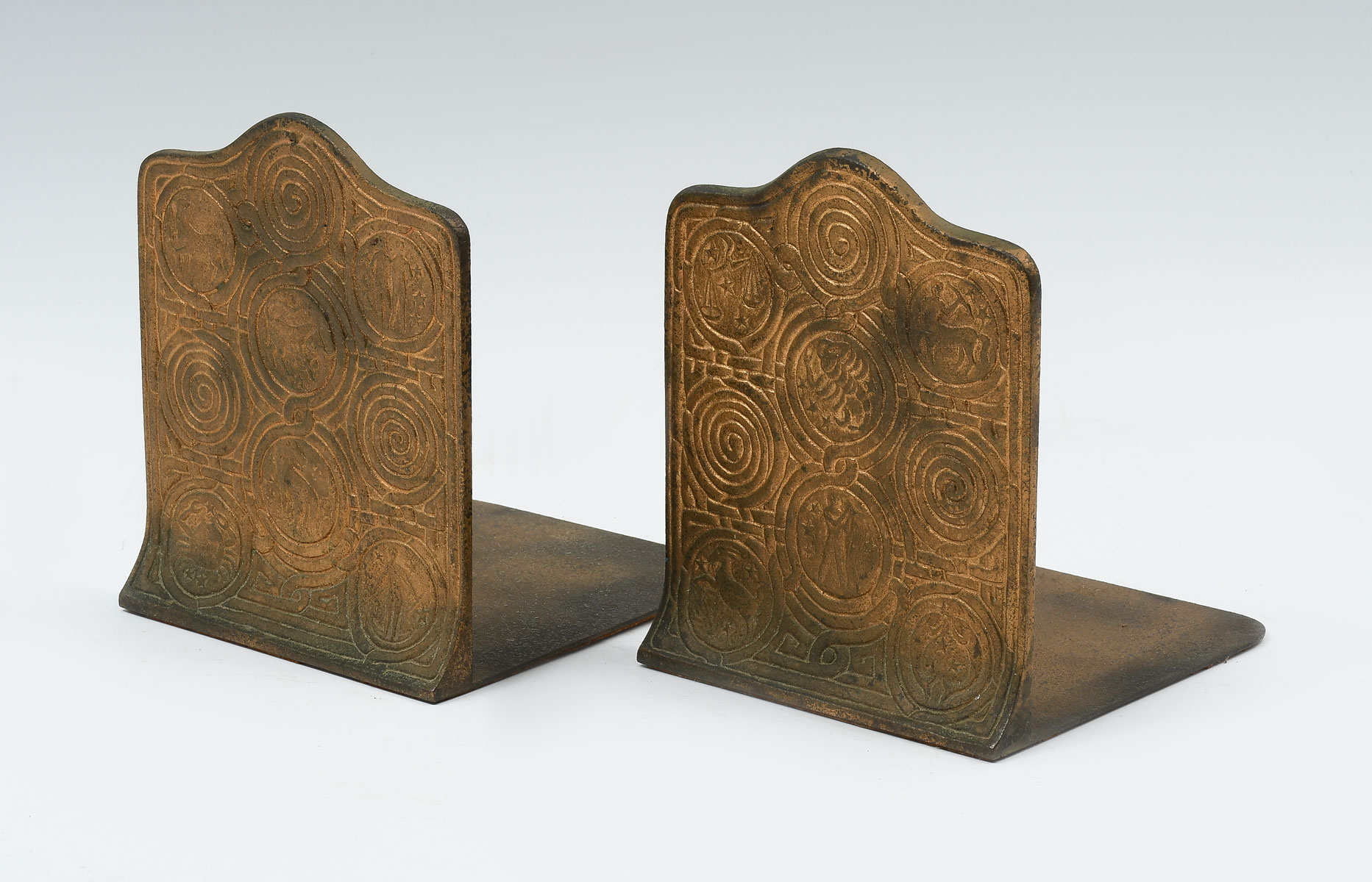 Appraisal: TIFFANY ZODIAC BRONZE BOOKENDS Impressed Tiffany Studios Approx '' h