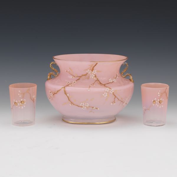 Appraisal: MOSER PINK GLASS VASE WITH OPTIC GLASS TUMBLERS Three pieces