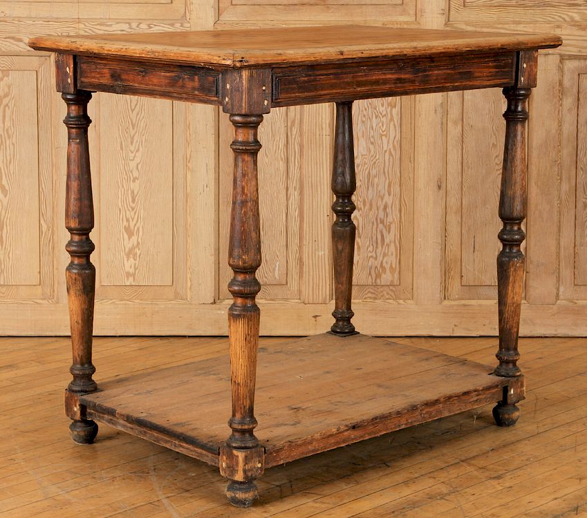 Appraisal: TH CENT RUSTIC TWO TIER OAK TABLE MARBLE TOP A