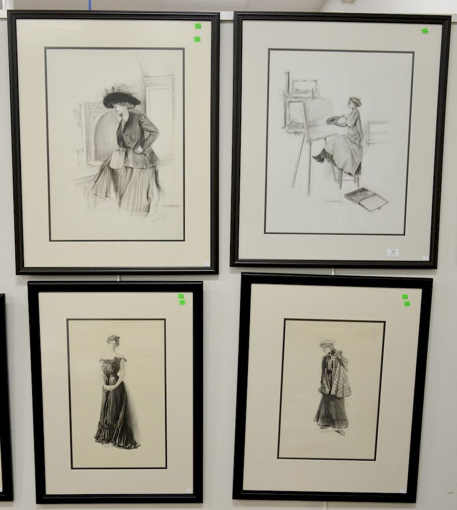 Appraisal: Charles Sheldon - group of four Fashion Illustration charcoal and