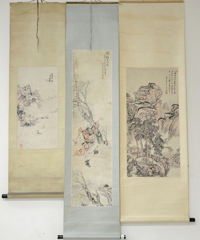 Appraisal: Three Oriental scrolls including mountainous landscape man dancing and mountainous