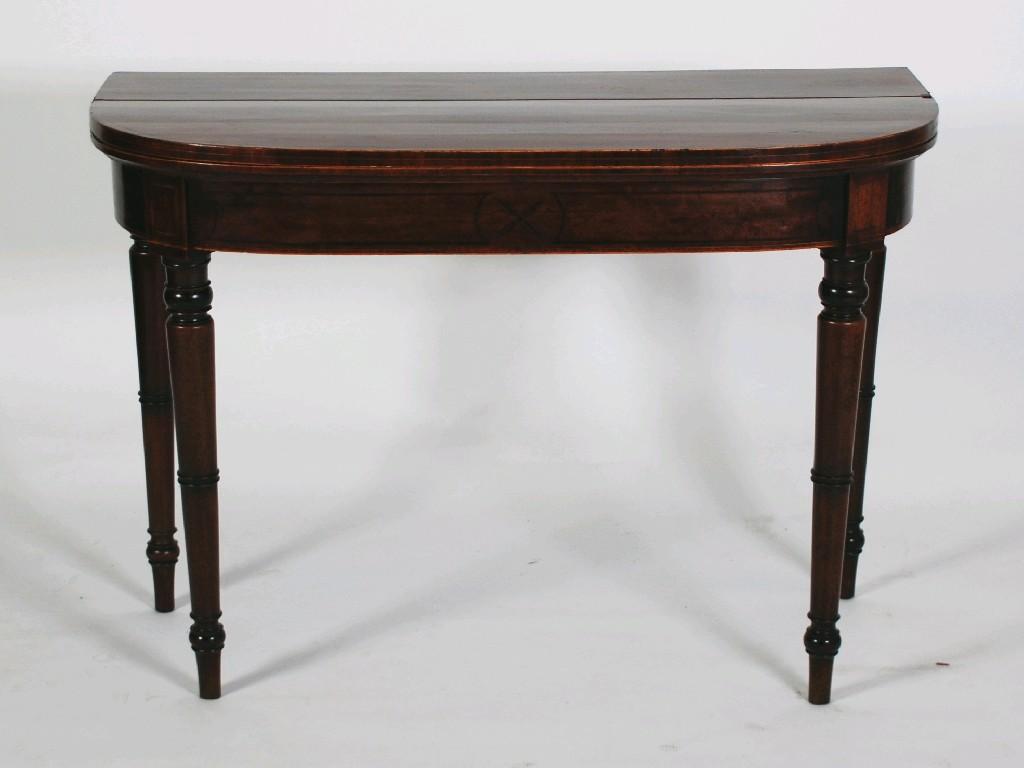 Appraisal: GEORGE III MAHOGANY AND ROSEWOOD CROSSBANDED FOLD OVER CARD TABLE