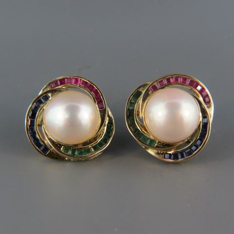 Appraisal: Ruby Emerald Sapphire Pearl Earrings lusterous mm mabe pearls surrounded