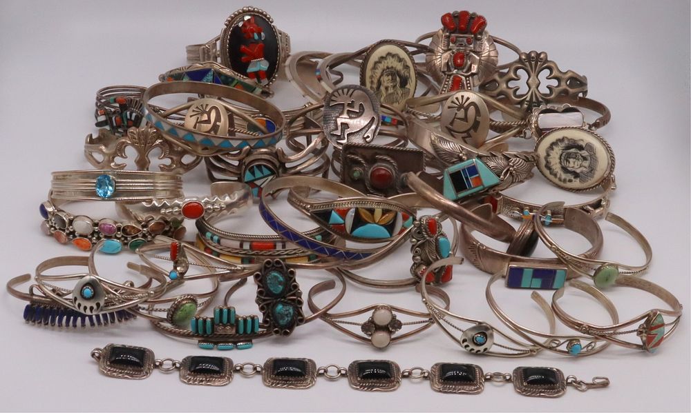 Appraisal: JEWELRY Assorted Southwest Bracelet Grouping Includes a petite sterling cuff