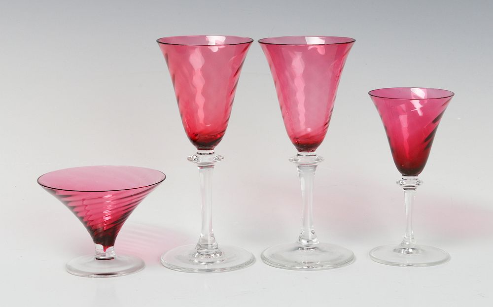 Appraisal: FOUR STEUBEN CRANBERRY OPTIC SWIRL STEMS Two small wines a