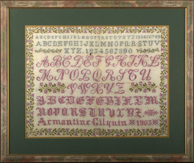 Appraisal: Elegant Fin-de-Siecle American Embroidered Alphabet Sampler dated by Armantine Gilquin