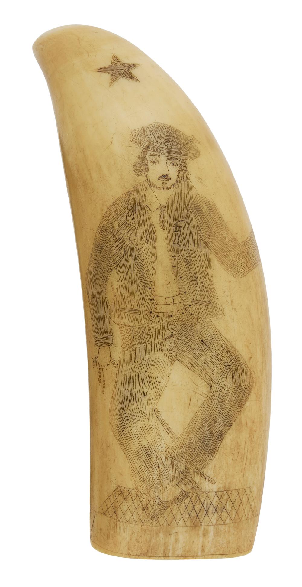 Appraisal: SCRIMSHAW WHALE'S TOOTH WITH PORTRAIT OF A MAN MID- TH