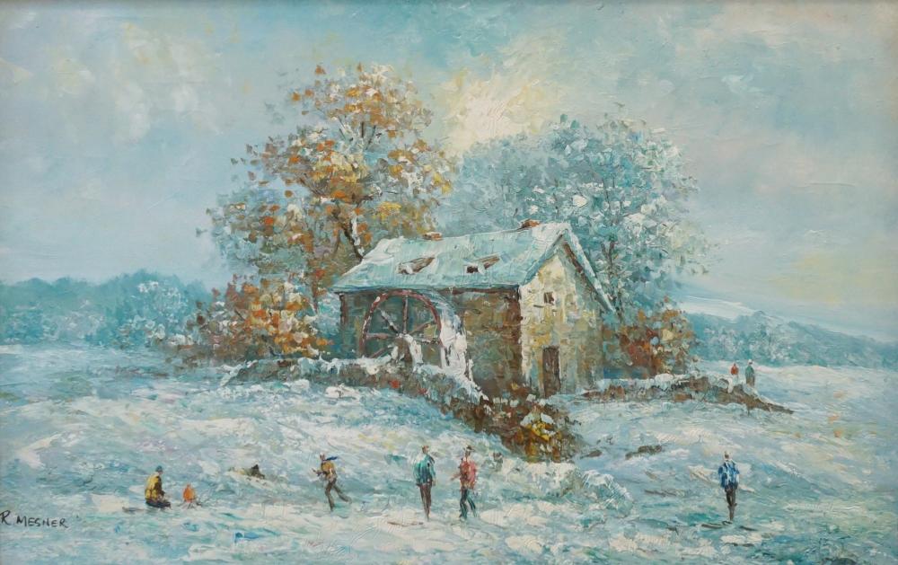 Appraisal: R Mesner Snow Day Oil on Canvas Signed l l