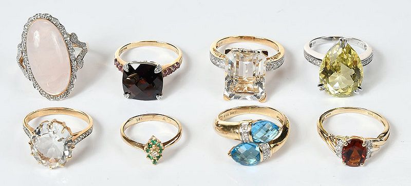 Appraisal: Eight kt Gemstone Rings assorted cut gemstones including topaz emerald