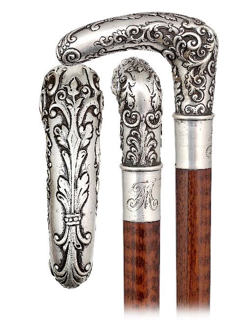 Appraisal: Silver Day Cane -Ca -L-shaped silver handle modeled with pleasing