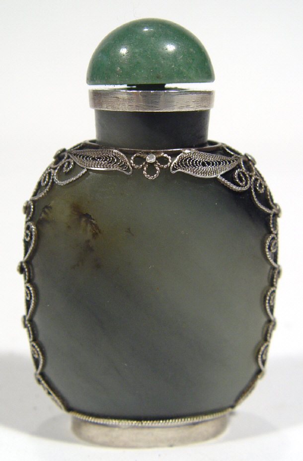 Appraisal: Chinese grey jade snuff bottle with greenstone stopper and silver