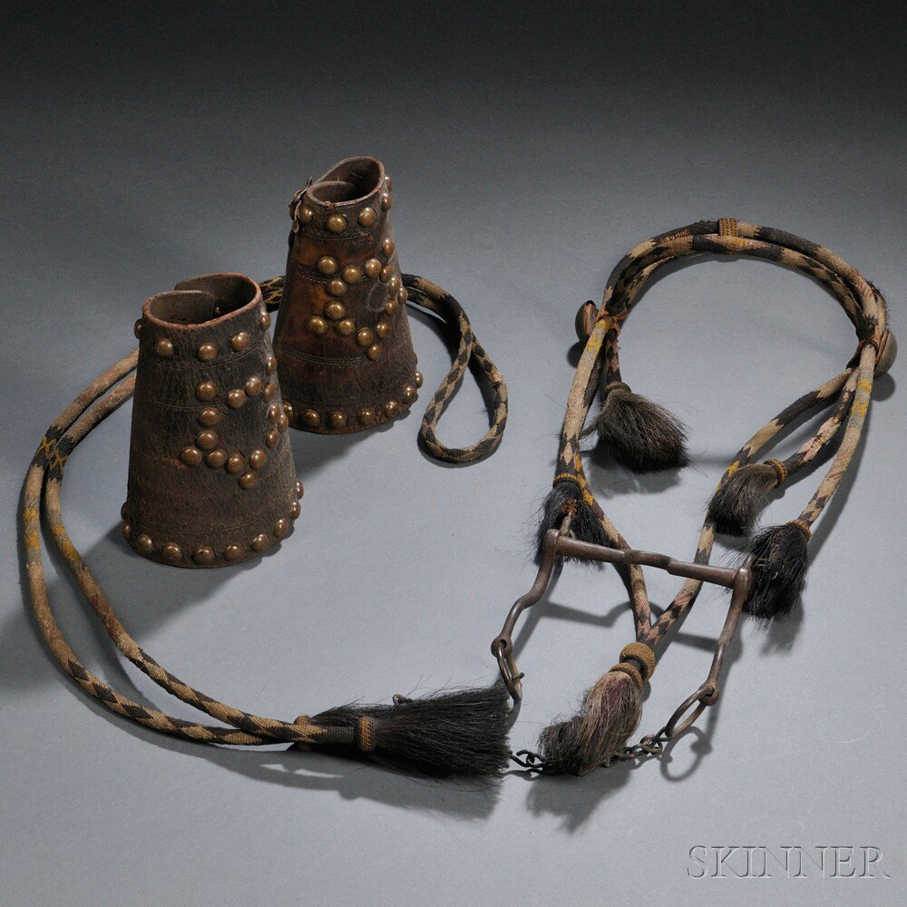 Appraisal: Old Horsehair Bridle and Pair of Brass-studded Leather Cowboy Cuffs